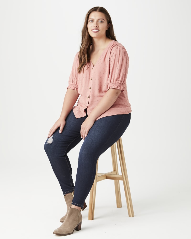 Plus size model with hourglass body shape wearing Sarah Ruffle-Sleeve Top by Meri Skye | Dia&Co | dia_product_style_image_id:141663